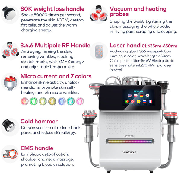 SQ126A Max 11-i-1 80K kavitationsapparat med laser, EMS, RF og vakuum