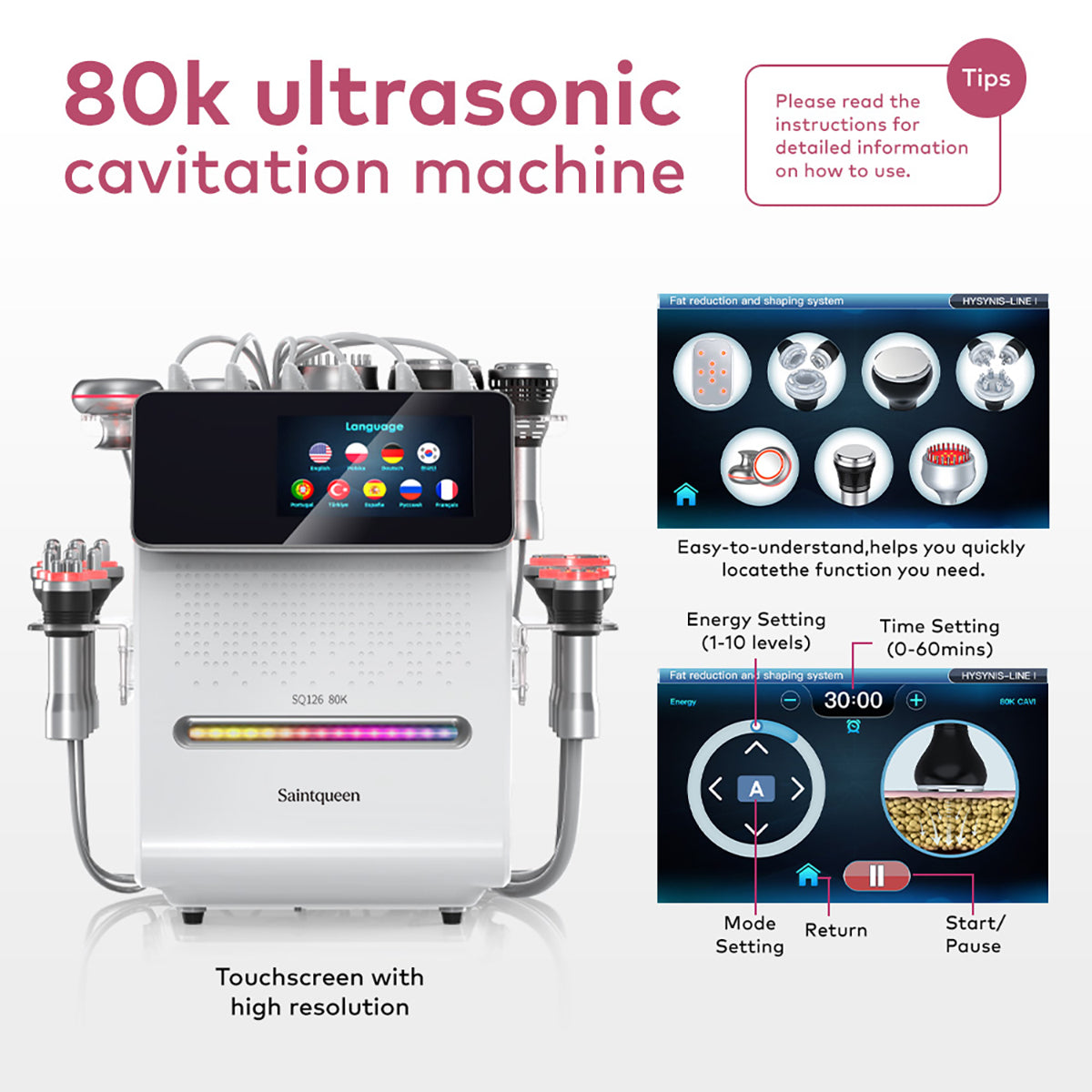 SQ126A Max 11-i-1 80K kavitationsapparat med laser, EMS, RF og vakuum