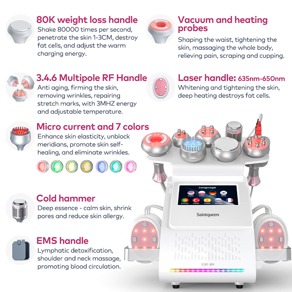 SQ85E Plus 9-i-1 80K kavitationsapparat med laserplade, EMS og RF