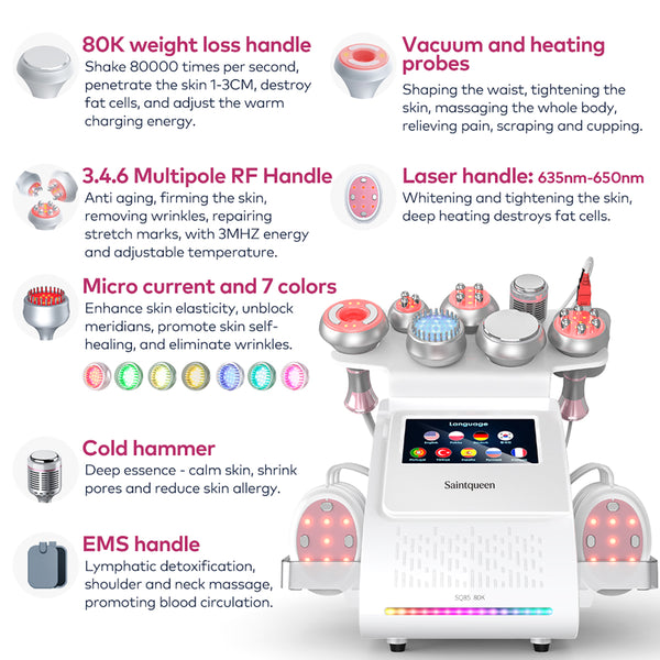SQ85E Plus 9-i-1 80K kavitationsapparat med laserplade, EMS og RF