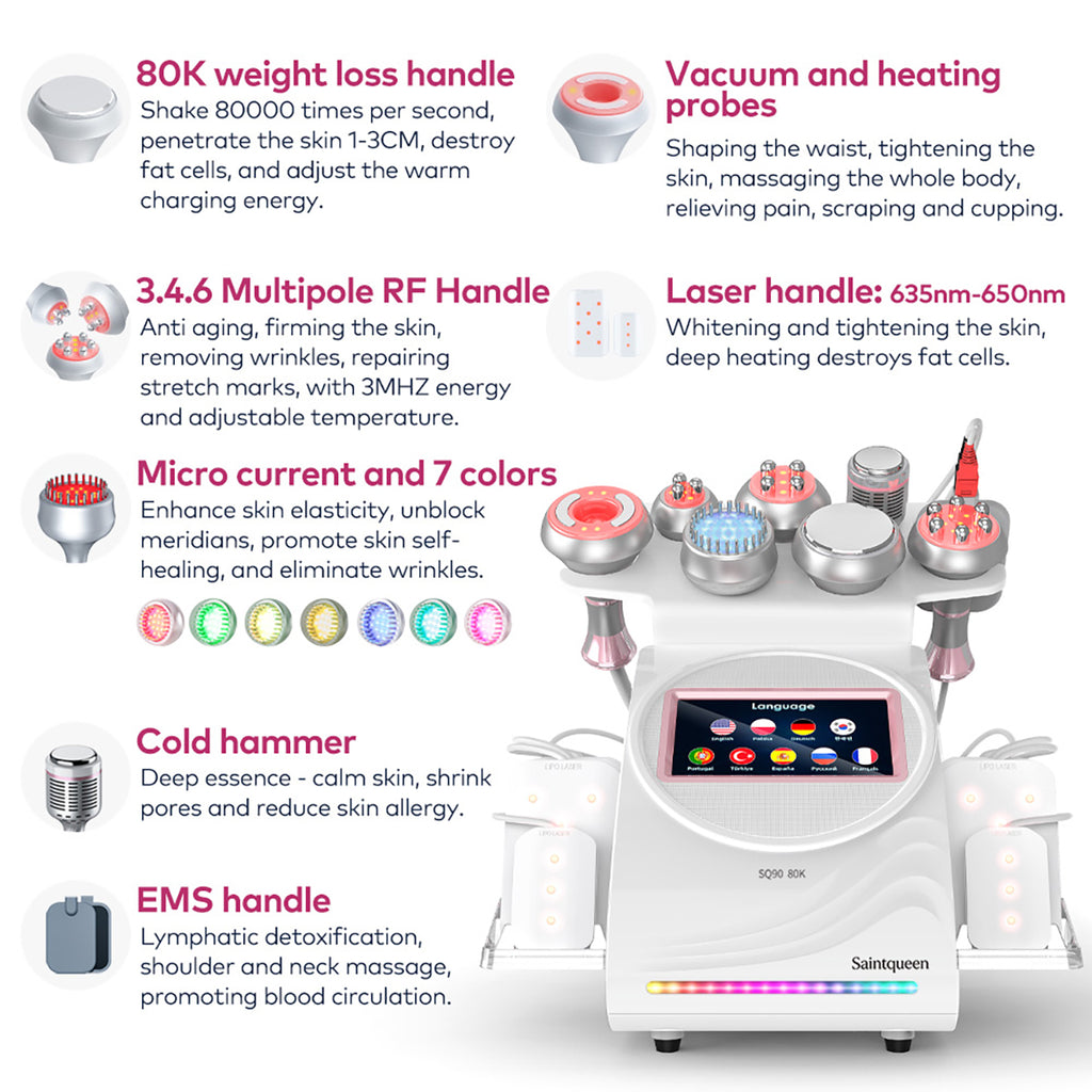 SQ90D Plus 9-i-1 80K kavitationsapparat med laser, RF og mikrostrøm