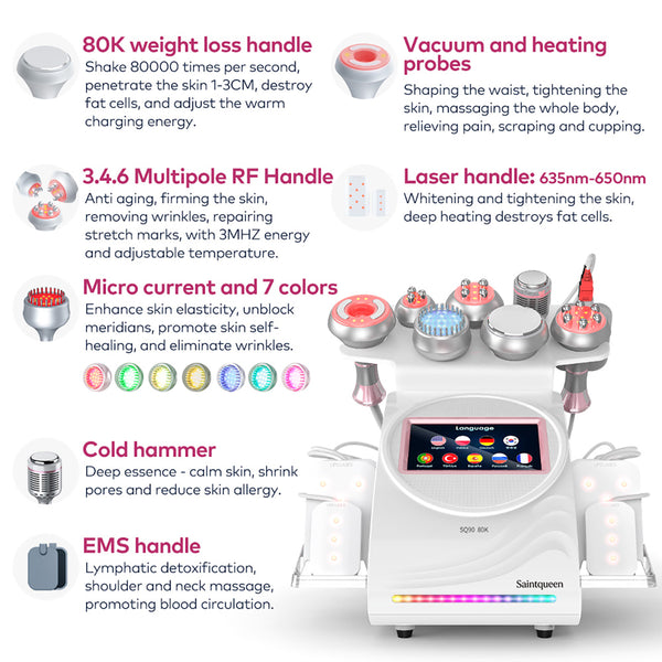 SQ90D Plus 9-i-1 80K kavitationsapparat med laser, RF og mikrostrøm