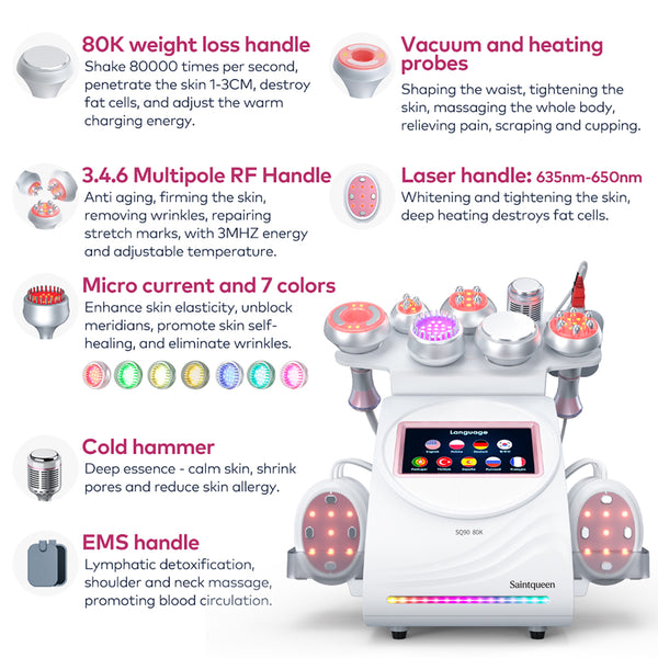 SQ90E Plus 9-i-1 80K kavitationsapparat med laser, EMS og RF