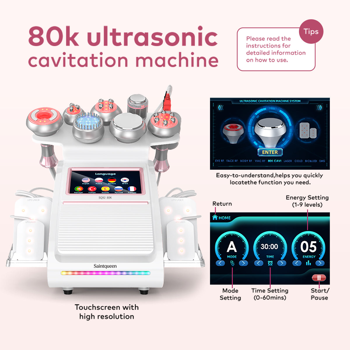 SQ92D Plus 9-i-1 80K kavitationsapparat med laser, RF og mikrostrøm