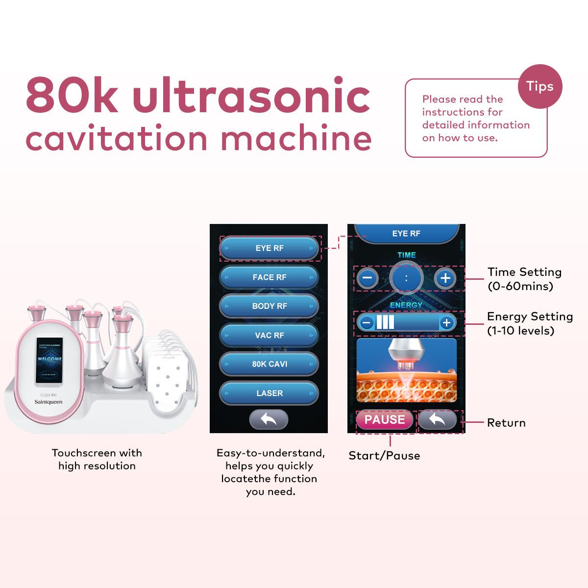 SQ121A Pro 6-i-1 80K kavitationsapparat med laserpuder, RF og vakuum